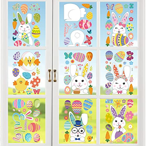 Seasboes 9 Blätter Fensterbilder Ostern, Ostern Aufkleber, Ostern Fensterbilder Selbstklebend, Osterdeko Fensterdekorationen Aufkleber Kinder, Osterfenster Häscheneier Frühlings Ostern