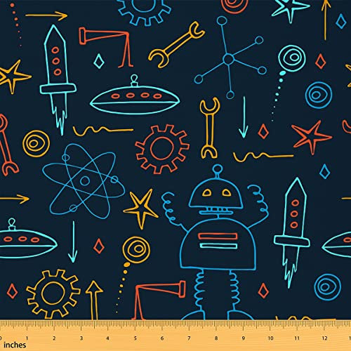 Cartoon Roboter Stoff Meterware Raketen Dekostoff zum Quilten Nähen von Kleidung Gear Machine Science Polsterstoff für Stühle DIY Projekte Bastel Patchwork 92 x 150 (HxB) Blau Orange