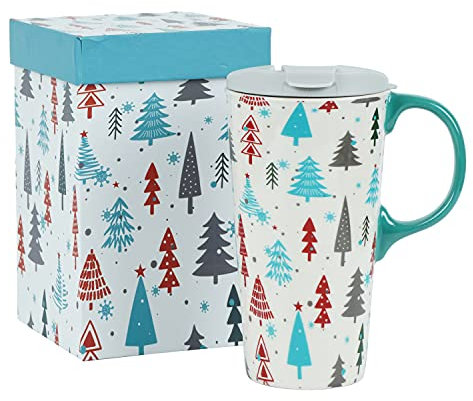 Topadorn Christmas Ceramic Mug Coffee Cup with Sealed Lid Tall Mugs Gift Box for Holiday,17oz. Christmas Tree