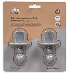 Interbaby - Set Cubiertos Aprendizaje Bebe | Cubiertos Infantiles Silicona | Tenedor y Cuchara Bebe Aprendizaje Antiahogo, Para Bebes y Niños | Vajilla Bebe Cómoda, Sencilla | Gris Petroleo
