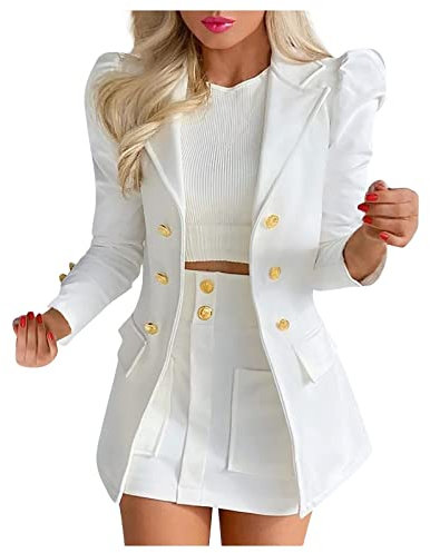 Tailleur Femme 2 Pièces Elegant Veste Formel Slim Fit Blazer Bureau Travail Pantalon Costumes Revers Manteau Ensemble de Couleur Unie Bouffantes Cardigan Blazer + Jupe Courte Costume Travail