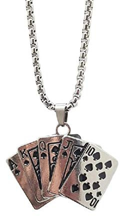Royal Flush Collier pour homme avec pendentif cartes de poker avec chaîne de 70,1 cm, collier amulette porte-bonheur de jeu de casino, Non