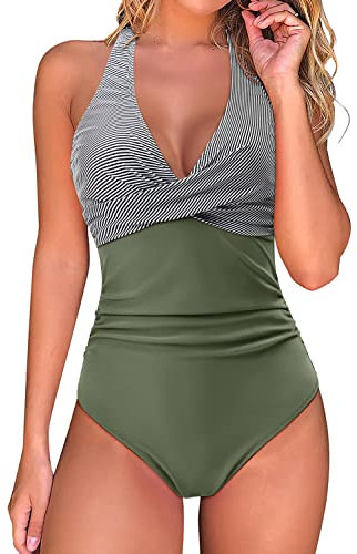 RXRXCOCO Badeanzug Damen Bauchweg Push Up Shape Bademode Neckholder Badeanzug Rückenfrei Streifen Grün XL