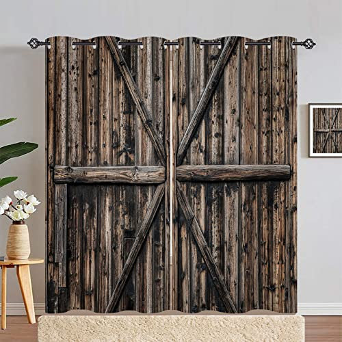 ANHOPE Rideau Occultant Ferme Vintage Portes en Bois Rideau Thermique Isolant Tenture Opaque à Oeillets Draperies Intérieurs pour Maison Chambre Salon Fenetre 2 Pièces L 168 x H 229 cm