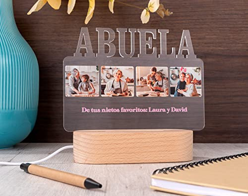 Made in Gift Lámpara de Metacrilato Personalizada “Abuela” con Fotos y Textos de Base de Madera Luminosa 14,5x6x3,5cm con Luz Blanca de Cable USB como Regalo Original para el Día de la Madre
