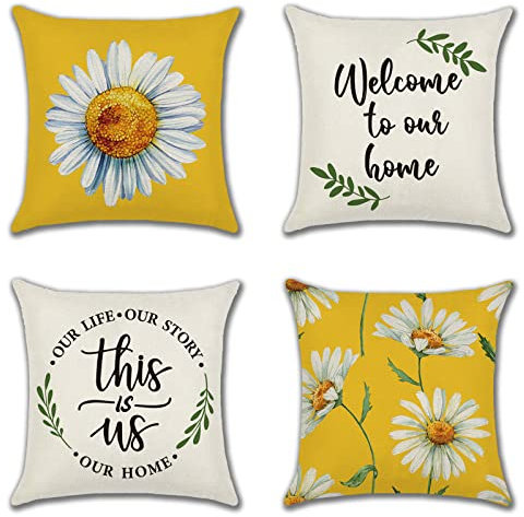 JOTOM Summer Daisy Floral Dekorative Throw Pillow Covers 45x45 cm Blumen Quadratische Kissenbezüge Sofa Auto Bauernhaus Kissen für Outdoor Home Bed Couch Wohnzimmer Dekor Set von 4 (Gänseblümchen)