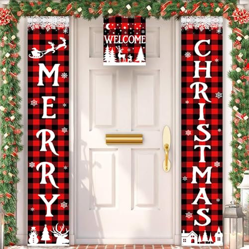 3 Stück Frohe Weihnachten Banner, Türbanner, Rot Merry Christmas Deko, Xmas Welcome Haustür Veranda Schild Wand Hängend für Neujahr Winter Holiday Party Dekoration, 180x30 cm
