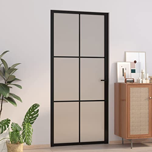 Homgoday Puerta interior 93 x 201,5 cm negro mate cristal y aluminio, puerta entrada, puerta entrada exterior para exteriores, jardín, terraza
