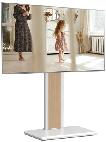 FITUEYES TV Floor Stand for 32-65 inch, Universal Swivel TV Stand, TV Stand with Concealed Storage,Holds 40kgs, Double Column, White & Oak