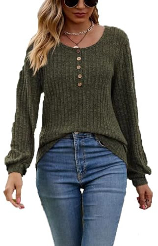 LIAOPUFUS Mujer Camiseta de Manga Larga Molida Estilo Rayado Manga de Linterna Collar en Forma de U con Botones Camiseta de Punto Casual Código Grande (Verde Oscuro, 2XL)
