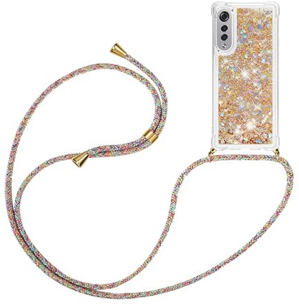 YAMCCCSE Handykette für LG Velvet 5G/4G Hülle mit Band, Silikon Durchsichtig Transparent Flüssig Glitzer mit Kette Kordel Treibsand Necklace TPU Schutzhülle Case,Golden