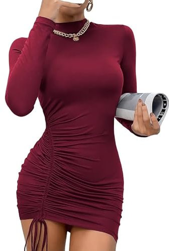 Rongseng Manga Larga Vestido Ajustado Sexy Mujer - Cuello Alto Elástico con Cordón Lateral Mini Elegante Informal Slim Fit Color Sólido para Fiesta Cóctel Club Invierno