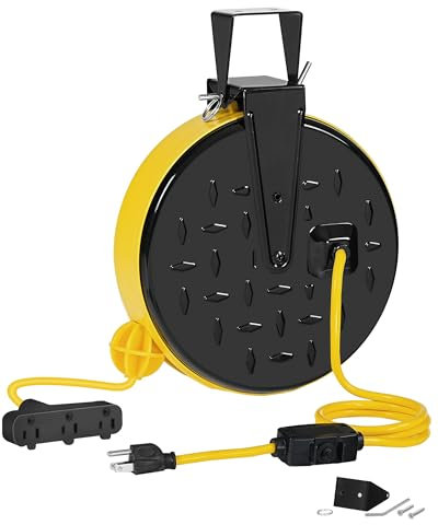 WILAWELS 10m Retractable Extension Cable Reel, SJTW 16/3 Gauge Power Cable with 3 Sockets, 10m