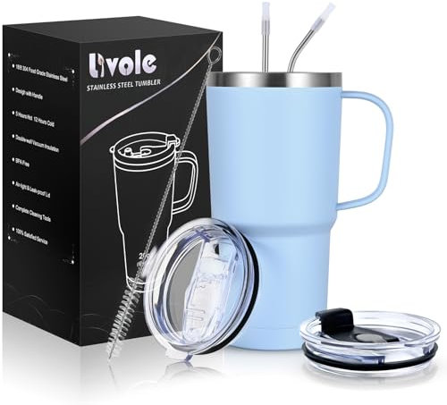 Livole 20oz Travel Mug with Handle, 600ml Insulated Tumbler with Straw and 2 Lids, Double Walled Vacuum Water Cup Bottle, Stainless Steel Thermal Travel Coffee Mugs for Cold Drinks, Light Blue