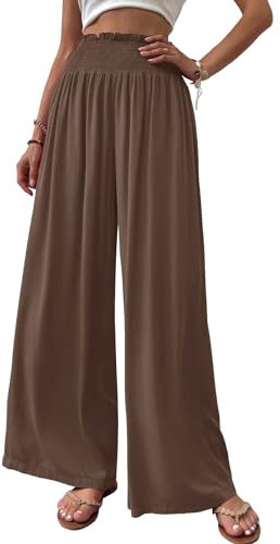 Cicy Bell Damen Hosen Gerade Locker Elastische Weite Beinhose Taille Palazzo Hose Mit Taschen Kaffee XXL