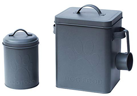 simpa 3PC Metal Dog Food Storage Set featuring Embossed Paw Print Design: Dog Food Tin, Dog Treats Tin & Serving Scoop - Matt Slate Grey Finish