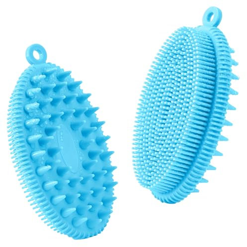 RamPula Silicone Body Scrubber, Dual-Sided Bath Shower Gentle Exfoliating Body Cleansing Brush for Men Women Kids, All Skin Types, More Hygienic Than Loofah, Easy to Clean, Long-Lasting, 1pc Blue