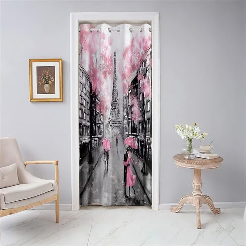 Odot Türvorhang mit Ösen, Pariser Straßen Eiffelturm Druck Blackout Verdunkelung Thermo Gardinen, Raumteiler Vorhang für Fenster Tür Schlafzimmer Schrank, Haus Dekoration (150x200cm,Grau)