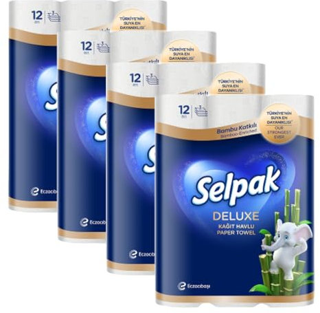 Selpak Deluxe Küchenrolle 3-lagig, 3600 Blatt Feuchtigkeitsbeständige, Papiertücher super saugfähige, wiederverwendbare Bambus-Küchenrolle, Elefant geprägtes Haushaltstücher-Küchenpapier, Handtuchroll