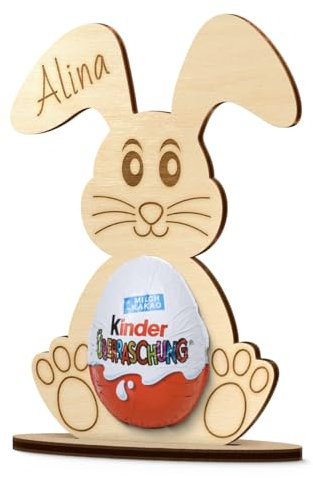 Personalisierter Osteraaufsteller aus Holz mit Schokoladenhalterung - süße Geschenkaufsteller für Osterkörbchen oder Ostern Geschenke - Holzfiguren als Osterdeko zum Aufhängen