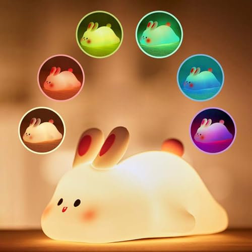 Big Face Rabbit Silicone Night Light, Kaninchen Silikon Nachtlicht für Kinder, Soft Touch Silikonlampe mit Timer, Dimmbares LED Schlaflicht, Aufladbare Nachttischlampe für Schlafzimmer Dekor (Bunt)