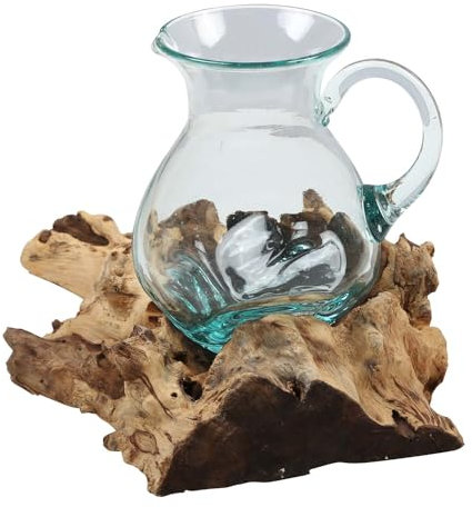 Glaskaraffe auf Wurzelholz Ø 15cm x Höhe 15cm aus Recycling Glas & Teak Wurzel Holz handgefertigt | extravagante Wohndeko Deko-Vase Glaskaraffe Natur-Vase | A42