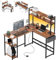 Flamaker Gaming Tisch L Form mit LED 160 x 120cm, Reversibel Schreibtisch mit 2 Steckdosen und 2 USB Ladeanschluss, Eckschreibtisch mit Stall und Lagerregal, Mit Seitentaschen, Vintage-Braun