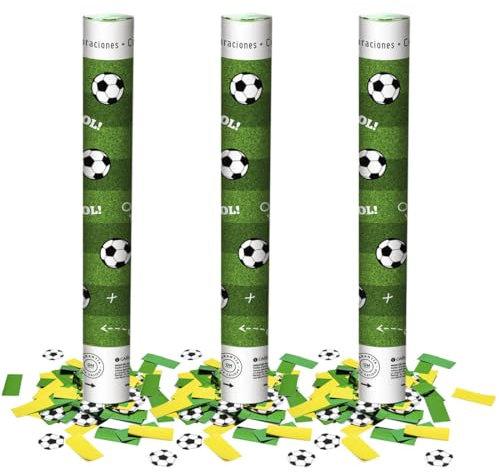 OH YEAH - 3 Uds - Cañón Confeti Fútbol 50cm - Cumpleaños Temática Fútbol - Cañón Confeti Pelota - Cañones Confeti Cumpleaños - FÁCIL USO