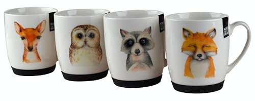 Ceramic Mugs Wildlife Cute Animals Design - Fox Badger Deer Owl - Set of 4