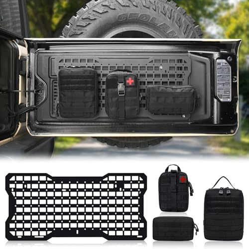 MAIKER OFF ROAD Heckklappen-Panel mit 3 Moll-Taschen, kompatibel mit Jeep Wrangler 2007–2018 JK JKU & 2018–2024 JL JLU, Aluminium Heckklappe, taktisches Panel, Hecktür, Cargo Organizer Kit