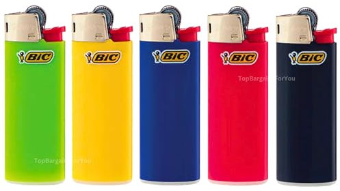Zactly - 5 x Mini BIC Lighter Set J5 BIC Gas Lighters, Classic Design Size, Flint Wheel Long Lasting Pocket Candle BBQ Lighter (5 Assorted Colours)