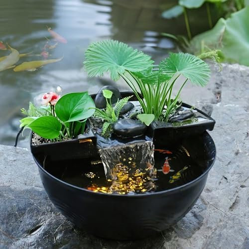Biling Indoor Desktop Pond, Small Fish Pond Kit with Waterfall, Tabletop Waterfall Fountain Kit Water Garden for Meditation, Relaxation, Black