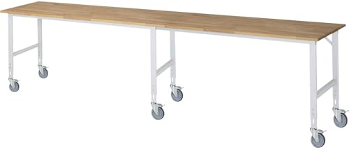 kaiserkraft | Arbeitstisch | fahrbar | Buche-Massivholzplatte | Stärke 25 mm | 60 x 30 mm | BxTxH 4000 x 800 x 910-1230 mm
