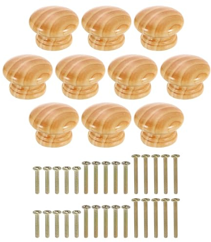 sourcing map Round Wood Drawer Knob 1.57 x 1.14 10Pcs Pine Color | Round Cabinet Knobs Mushroom Shape Paint Surface Wooden Knobs with Screws for Furniture Drawer Dresser Wardrobe Cupboard