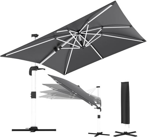 TRIUMPHKEY Parasol de balcon en aluminium avec manivelle, imperméable, protection solaire UV50+, rotatif à 360 °, gris, 300*300 cm