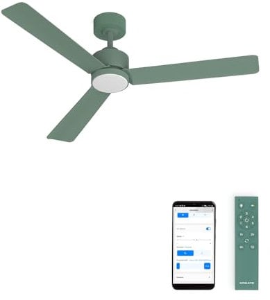 CREATE / WIND MODERN M/Ventilador de techo con luz verde sage con Wifi y mando / 40W, Luz LED 3 temperaturas, Ø132 cm, programable, 6 velocidades, función verano-invierno