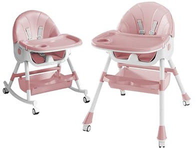 Baby 6 in1 Kinderhochstuhl mit Babyliege und Baby Schaukelstuhl,Verstellbar Klappbar Hochstuhl Babys,für Kinder ab 6 Monate bis 50 kg,Fußstütze,Tablett,einfach zu reinigen (Rosa)