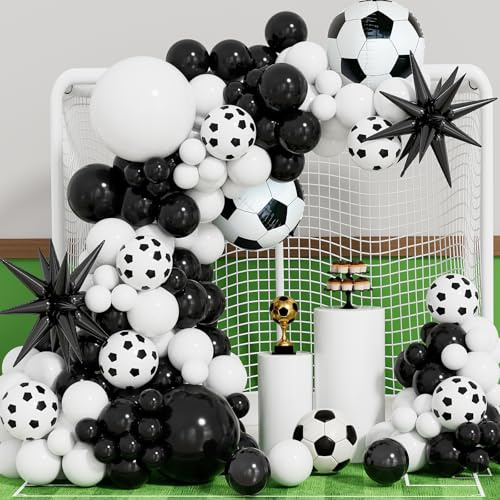 Adeyoo Football Balloon Arch Garland Kit with Explosion Star Foil Balloon | Black and White Balloons with Football Print Balloons, Soccer Foil Balloon for Birthday Soccer Theme Party Decorations