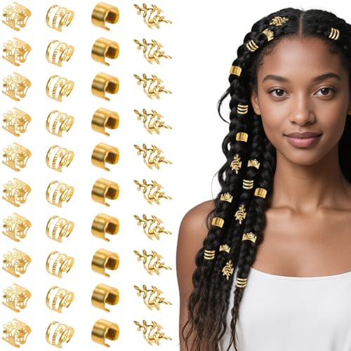 RUISPEED Gold Haarschmuck Set – 40 Stück Dreadlock Cuffs, Verstellbare Haar Ringe & Loc Schmuck für Zöpfe, ideal für Festival Haare, Pirate Style & Goddess Locs (Gold)