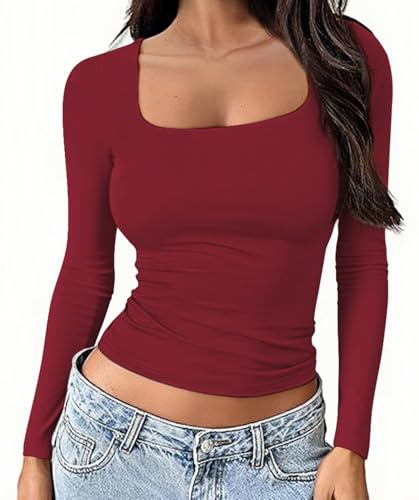 OYIGELZ Womens Long Sleeve Shirts Crop Tops Square Neck Basic Cotton Tees Fall Fashion 2026 Y2k Going Out Tops