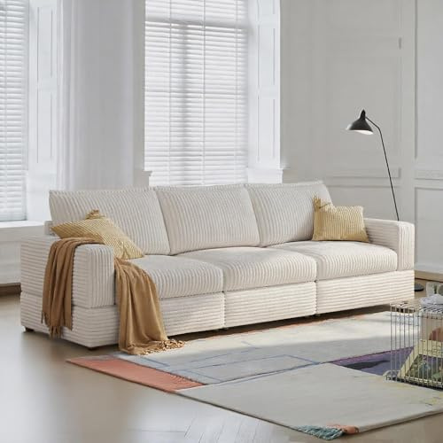 EOBfurniture 268cm Modular Sofa Couch, Bequeme 3-Sitzer-Sofa mit Tiefer Sitzfläche & Weicher Polsterung，Cord Couch für Wohnzimmer, Beige