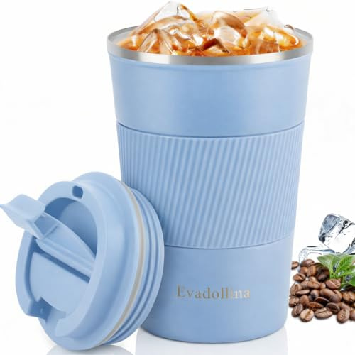 Evadollina Travel Coffee Cup, Insulated Coffee Cup 380 ml, Mug, Cup with Lid, Stainless Steel, Christmas Gifts (Blue)