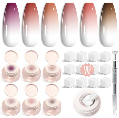 Shining She Ombre Gel Nagellack Set, 6 Farben Dunkles Nude Serie Pat Painting Gel nail polish set für Farbverlauf Nageldesign Gradient Blush Effekt DIY mit Maniküre-Greifer und 100 Nail Art Schwämme
