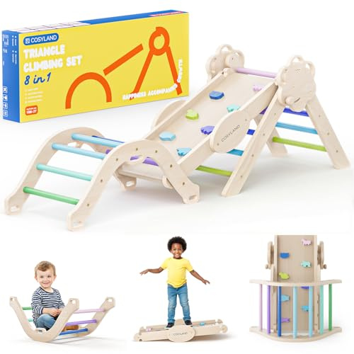 COSYLAND Triangle d’Escalade Montessori 8-en-1 – Arche Pliable en Bois, Parcours de Motricité pour Enfants 1–3 Ans, Structure Stable, Charge 80 kg, Coffret Cadeau Coloré (Froid)