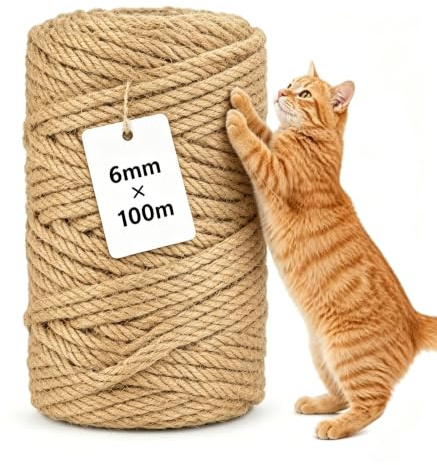 hunwutef Corde en sisal pour arbre à chat, 6 mm x 100 m, corde d'emballage indéchirable, corde en jute naturelle, accessoire de jardin, maison, jardin, bricolage, décoration