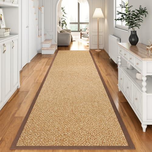 Quqei Boho Hallway Runner Kitchen Runner Non Slip Washable, Brown 60x240cm | Jute Like Woven Long Entryway Laundry Hall Floor Runners Carpet for Indoor Backdoor Bedroom Kitchen Living Room, Easy Clean