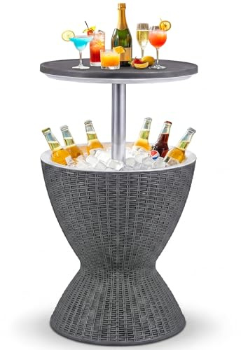 COSTWAY 2 en 1 Mesa Nevera Capaciadad de 30 L para Jardín,Cool Bar para Cerveza y Vino con Gancho,Asa,Tapa Extraíble y Orificio de Drenaje Mesa Auxiliar Cóctel para Piscina, Terraza y Camping
