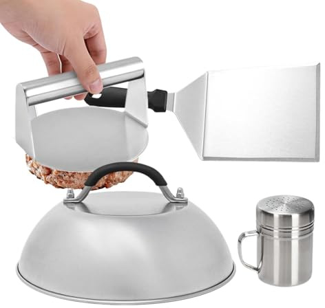 Manolyee Kit de Herramientas para Hamburguesas Smash - 4 Piezas Acero Inoxidable Salero Espátula Campana Fundidora | Kit para Hamburguesas Smash - Parrilla Barbacoa Cocina y Plancha Carne Queso