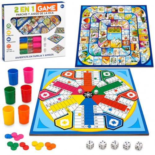 MARUKATSU Parchís y Oca 2 en 1 de 40x40 cm para 2-6 Jugadores | Juego de Mesa Familiar, 6 Cubiletes y 6 Dados, Tablero Grande, Juegos Clásicos