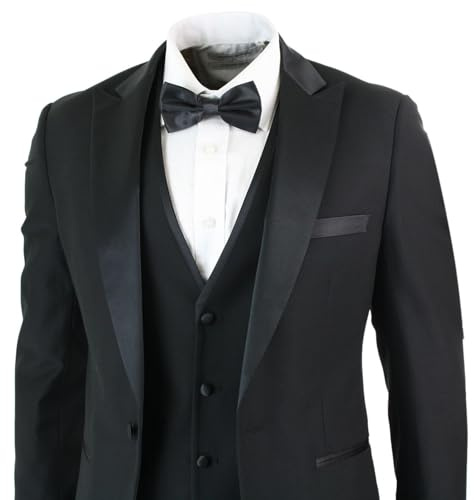 Paul Andrew Mens 3 Piece Black Classic Satin Tuxedo Dinner Suit Tailored Fit Wedding Prom